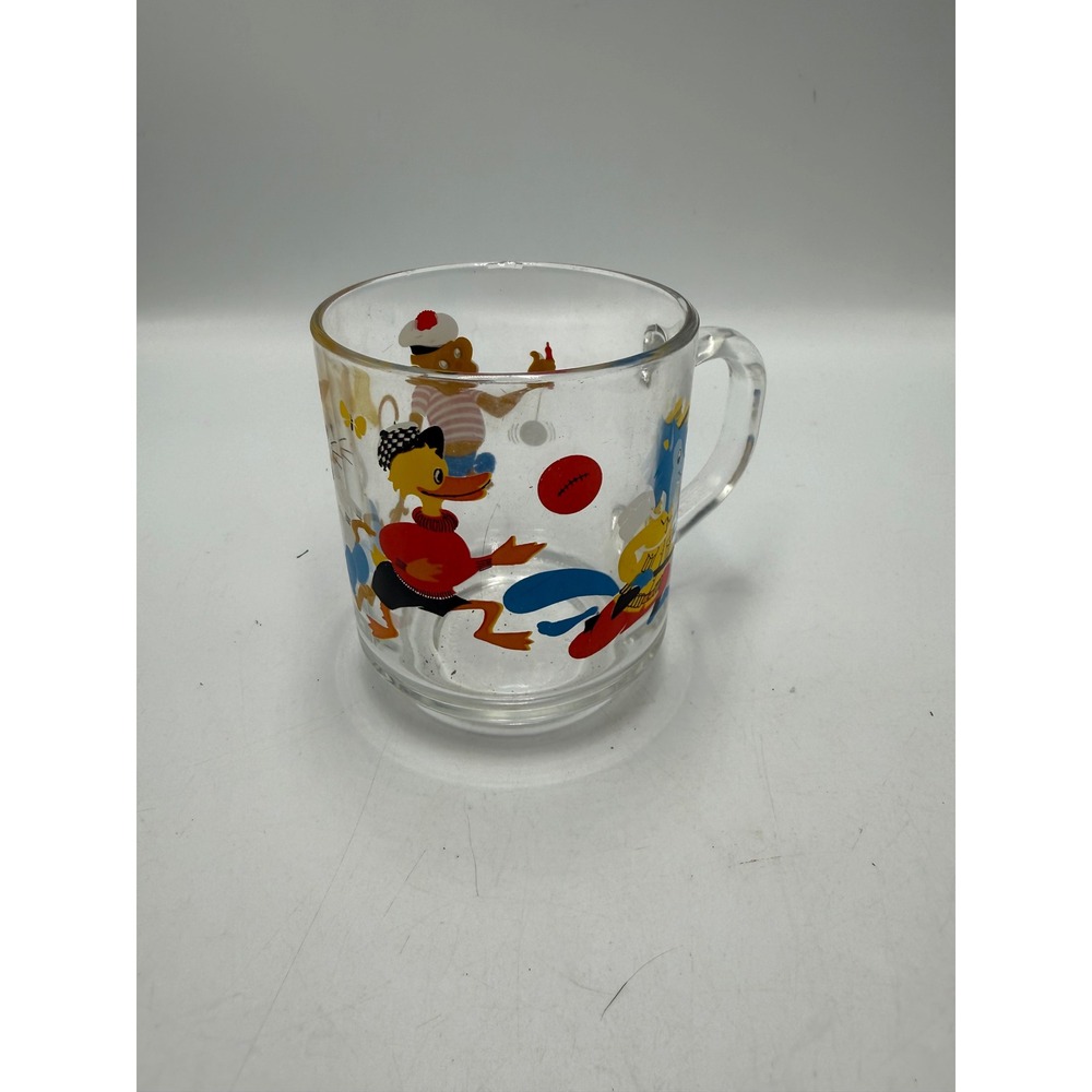 Vintage Arcoroc France Glass Mug Animal Illustrations Monkey Duck Fox Clear Cup